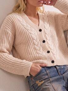 Autumn Vintage Cable Textured V Neck Cardigan, Long Sleeve, Weekend Gathering Halloween Thanksgiving Street Casual Look - Apricot - View 5