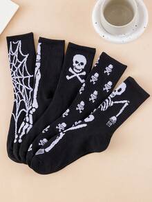 1/5 Pasang Stoking Motif Tengkorak dan Jaring Laba-laba Gaya Gotik untuk Halloween, Cocok untuk Pesta Halloween, Pakaian Sehari-hari, Dapat Digunakan Sebagai Hadiah Liburan - MultiWarna - View 2