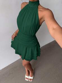 Elegant Halter Neck Backless Mini Dress With Tiered Ruffle Hem, Suitable For Summer Parties, Beach Vacations, Casual Outings, Holidays And Graduation Ceremonies - Dark Green - View 4