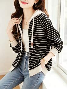 YUXIN Fashion Striped Full Zip Hooded Jacket, Women's Casual Long Sleeve Outerwear, Soft Lining With Adjustable Drawstring, Spring/Autumn Vacation Jacket - Black and White - View 5