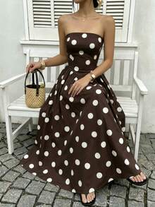 Women's Polka Dot Waist-Cinching Strapless Dress, Vacation Style Casual Brown Long Beach Dress For Autumn Elegant Summer - Brown - View 2