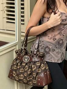 復古辣妹 Y2K 通勤外出日常購物女款單肩托特包 美式復古 Y2K 辣妹斜挎腋下包 小眾設計 INS 風格亞文化極簡托特包 - 巧克力棕 - 查看 4