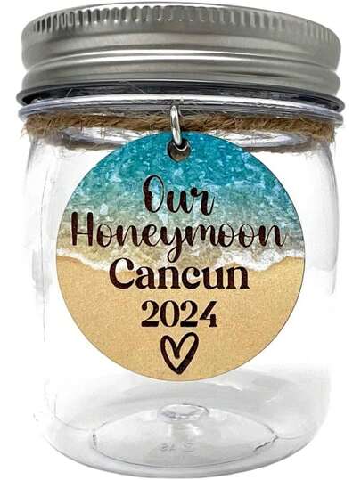 Frasco de recuerdo de concha de plástico para hallazgos de playa de luna de miel, personalizado con grabado del destino de la boda y el año, exhibición de arena, dos opciones de tamaño de frasco