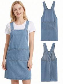 1pc/2pcs Coffee Barista Denim Cross Back Apron With Phone Pocket, Vintage Denim Work Apron, Suitable For Coffee Shop, Flower Shop, Bakery, Waiter, Kitchen Daily Use - Multicolor - View 7
