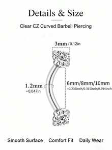 1 pieza Exquisito anillo de ceja de acero inoxidable 316L brillante con barra curva, barra de doble extremo, pendiente de cartílago de oreja, joyería de perforación con rosca interna y cuatro puntas de strass, adecuado para uso diario - Blanco - Ver 5