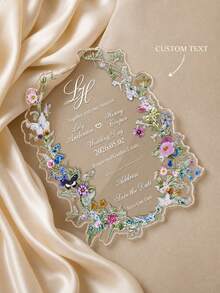 1pc Customized Wildflower Wave-Edge Acrylic Wedding Invitation, Transparent Floral Border Wedding Card, Acrylic Wedding Invitation, Wave-Edge Wedding Card. - Multicolor - View 2