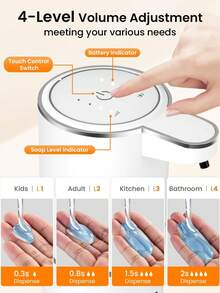 DONASIRA 1pc 380ML Capacity Light Display 4-Level Adjustable Foam/Liquid Control Type-C Rechargeable Electric Automatic Sensor Soap Dispenser Hand Soap Bottle Dish Soap Machine Shampoo Container, Suitable For Kitchen Bathroom - Multiple Colors - View 6