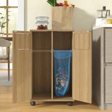 Trash Cabinet, 2-Compartment Waste Separation Cabinet, Rolling Kitchen Cabinet In Oak Finish, 2-Door Waste Separation Cabinet With Wheels, For Kitchen & Dining Room, 46.7x35x80cm - Natural Color - View 4