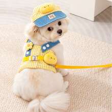 Set Perlengkapan Jalan-jalan Hewan Peliharaan Motif Kotak-kotak Kuning, Topi Anak Ayam Berbulu, Harness dan Tali yang Dapat Diatur, Harness Model Rompi, Cocok untuk Anjing dan Kucing Kecil - Kuning - View 3