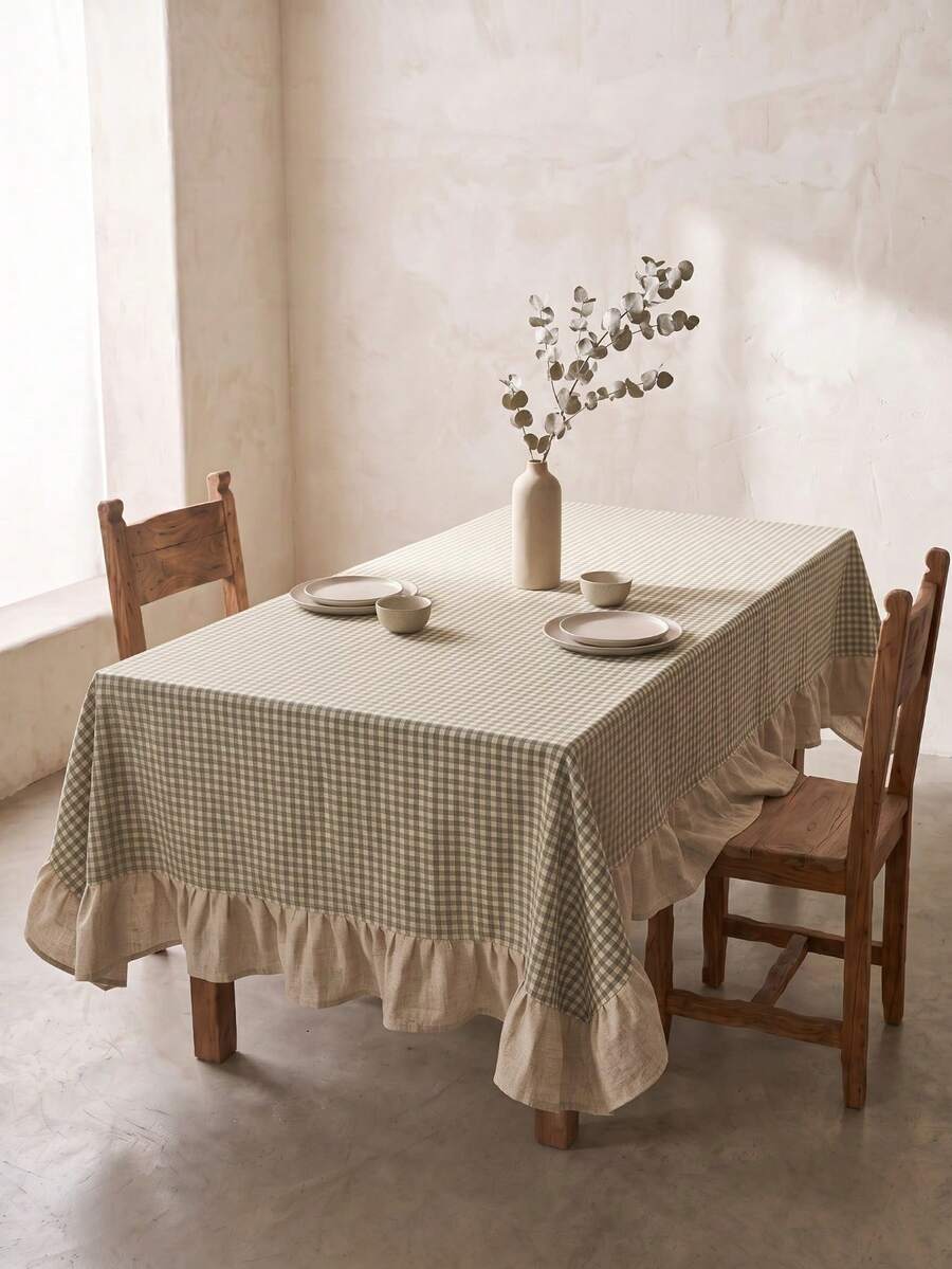 1pc Sage Green And White Small Checkered Patchwork Beige Ruffle Edge Tablecloth, Natural Vintage Style, Rectangular, Beige Ruffle Edge With Pleated Detail, Decorative And Functional, Suitable For Home Dining And French Country Home Decor - Green - View 1