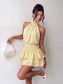 Vestido mini elegante de moda amarillo con cuello halter, espalda descubierta y volantes en capas para boda - Amarillo - Ver 8