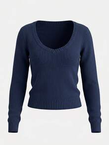 1pc Women's Royal Blue Solid Color Ribbed Deep V-Neck Slim Fit Knit Sweater, Minimalist Long Sleeve Pullover Knit Top Fall - Royal Blue - View 6
