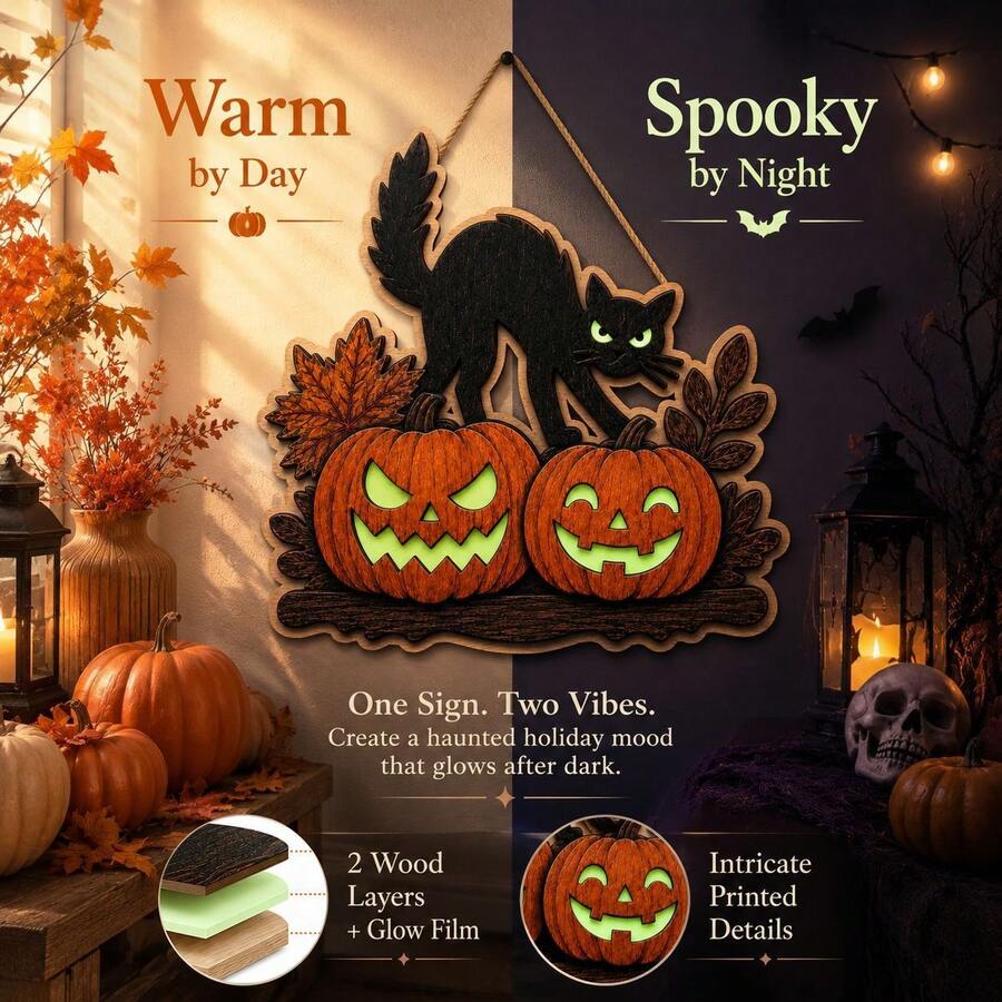 VINCAN Glow In The Dark Wooden Halloween Welcome Door Hanger, Multi-Layer Stacked Skeleton Ghost Front Door Sign, Luminous Wall Decor For Entryway Porch Home Halloween Decoration - Multiple Styles - View 1
