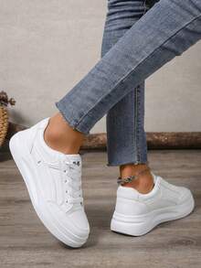 Women's Wide Fit For Wider Feet Flat Sneakers, Lightweight Breathable Solid Color Sneakers, Casual Running And Walking Shoes, Casual Slip-On Shoes - White - View 5
