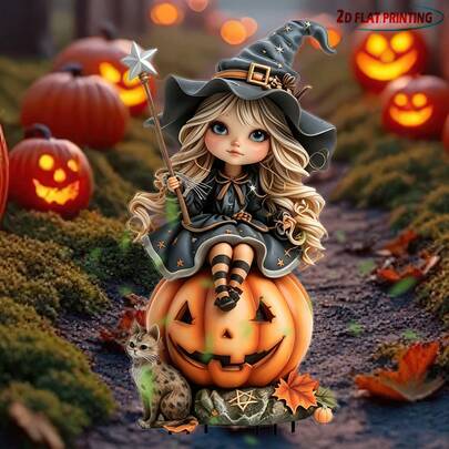 1pc Halloween Yard Sign - Witch And Pumpkin, Outdoor Decoration, Easy To Insert Into Ground - Spooky Halloween Party Decor, Suitable For Lawn, Garden, Porch - Durable Acrylic Material, Lawn Ornament, Holiday Display, Whimsical Design