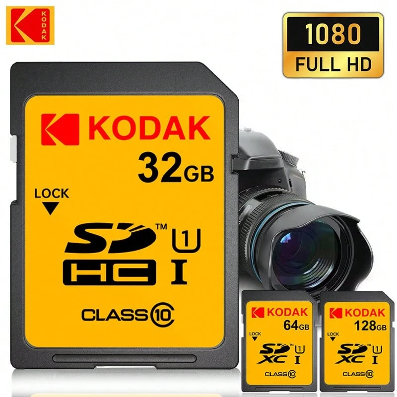 Kodak SDXC 記憶卡 32GB 64GB 128GB Class 10 UHS-I U1 V30 A1 高速 SD 卡，最高 100MB/S，4K Ultra HD 影片錄製記憶卡，適用於單反相機、數位相機和筆記本電腦
