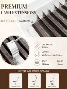 CoMango 12 Rows D Curl Brown U-Shaped 3D 4D 5D Eyelash Extensions, New U-Shaped W Bloom Velvet Fiber Lashes, Narrow Angle Pre-Made Lash Fans, Lightweight Fluffy Faux Mink False Eyelashes - D - View 4
