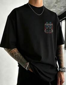 Schwarzes Kurzarm-T-Shirt aus 100 % Baumwolle mit Flammen- und Ketten-Motiv, geeignet für die Freizeit im amerikanischen Fitness-Stil - Schwarz - Übersicht 3