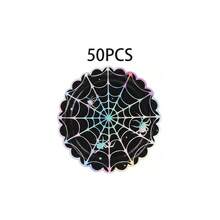 10/20/50pcs Holographic Spider Web Disposable Scalloped Edge Paper Plates, 7 Inch And 9 Inch, Iridescent Halloween Scalloped Edge Party Plates, Black Base Rainbow Gradient Spider Star Dinner Plates, Halloween Horror Party Tableware, Halloween Trick Or Treat - View 9