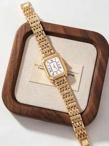 1pc Vintage Luxury Square Gold Watch, Woven Steel Band Quartz Wristwatch, Versatile Elegant Watch For Office Commute And Daily Wear, Niche Luxury Style Decorative Watch - Gold - View 4