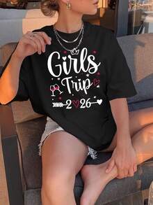 Plus - Trip 2026 Printed T-Shirt. Plus Women's Clothing. The T-Shirt Features A Simple And Fresh Color Scheme. Comfortable - Black - View 1