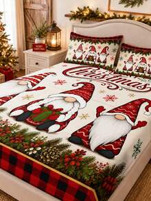 3PCS Winter Christmas Gnome Theme Atmosphere Bedding Set, (1PC Fitted Sheet + 2pcs Pillowcases, No Pillow Inserts,) Polyester Digital Print, Cartoon Gnome Christmas Pattern, Cartoon Cozy Christmas Non-Slip Bedding Set, Machine Washable, Bedroom Holiday Home Textile - Multi-color 1 - View 12