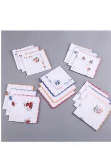 12pcs Women's Handkerchiefs, Vintage Style, 11-Inch Floral Pattern, Wavy Edge Design, Embroidered Craftsmanship, Suitable For Tea Parties, Weddings And Other Occasions. - Multicolor - View 2