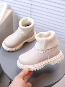 1 Pair Kids Knitted Sock Ankle Boots, Simple Fashion Autumn/Winter Soft Sole Slip-On Thick Sole Tube Boots - Beige - View 2