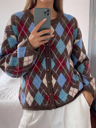 Women's Fluffy Diamond Pattern Cardigan, Round Neck Button-Up Knit Sweater Suitable For Autumn/Winter Christmas And New Year Outfits