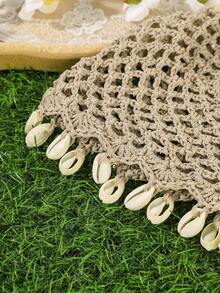 1pc Boho Hollow Crochet Hair Cap With Natural Cowrie Shell Tassels,Women Mesh Knit Turban Hat,Suitable For Everyday Outings Head Vacation For Beach - Multicolor - View 10