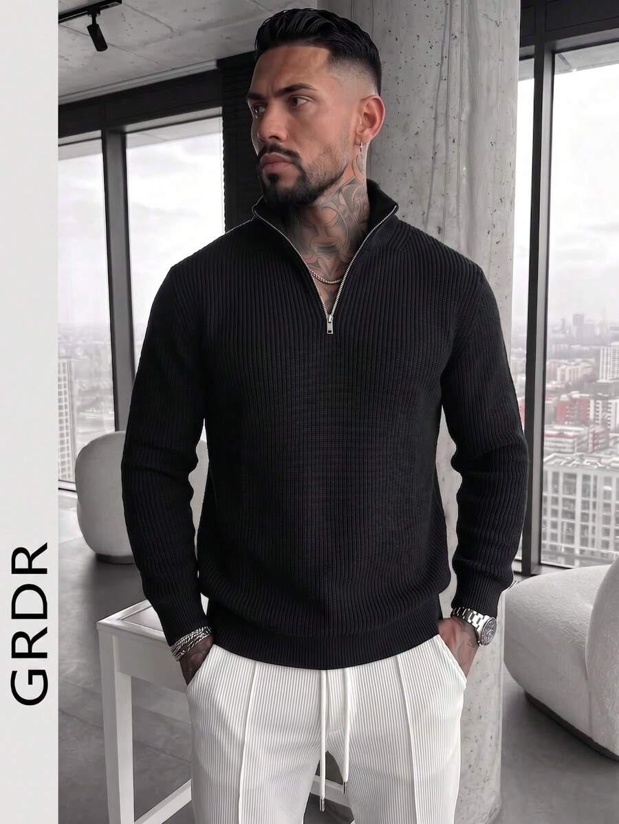GRDR Herrtröja i svart med hög krage, halv dragkedja, grov ribbstickad stickning, enfärgad texturerad slim fit långärmad pullover, höst/vinter - Svart - Visa 1
