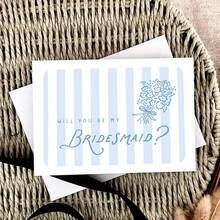 Bridesmaid Greeting Cards, Light Blue Striped Bridesmaid Proposal Card With A Hand Drawn Bouquet, Printed Elegant Stripes Bridal Party Proposal Cards, Bridesmaid Invitations - Multicolor - View 1