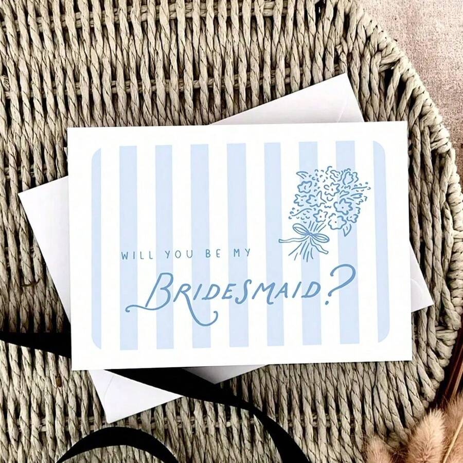 Bridesmaid Greeting Cards, Light Blue Striped Bridesmaid Proposal Card With A Hand Drawn Bouquet, Printed Elegant Stripes Bridal Party Proposal Cards, Bridesmaid Invitations - Multicolor - View 1