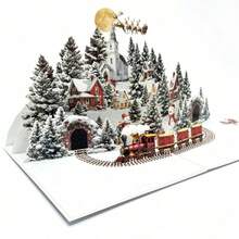 1pc 3D Pop-Up Christmas Card - Christmas Eve Scene With Santa Claus, Reindeer, Snow Village And Moonlight Sky - Holiday Greeting Card | Festive Design | Detailed Illustration, Christmas Card Style And Color Randomly Sent - Christmas Card - View 9