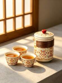 1 Set Perlengkapan Teh Keramik Portabel untuk Perjalanan, Teko Teh Gaya Cina Motif Bunga Klasik dengan 3 Cangkir Teh, Termasuk Tas Penyimpanan Tahan Air dengan Resleting, Perlengkapan Teh Seduh Cepat dengan Isolasi Panas, Peralatan Minum Serbaguna, Cocok untuk Berkemah, Rumah, Kantor, Hadiah Liburan - MultiWarna - View 7