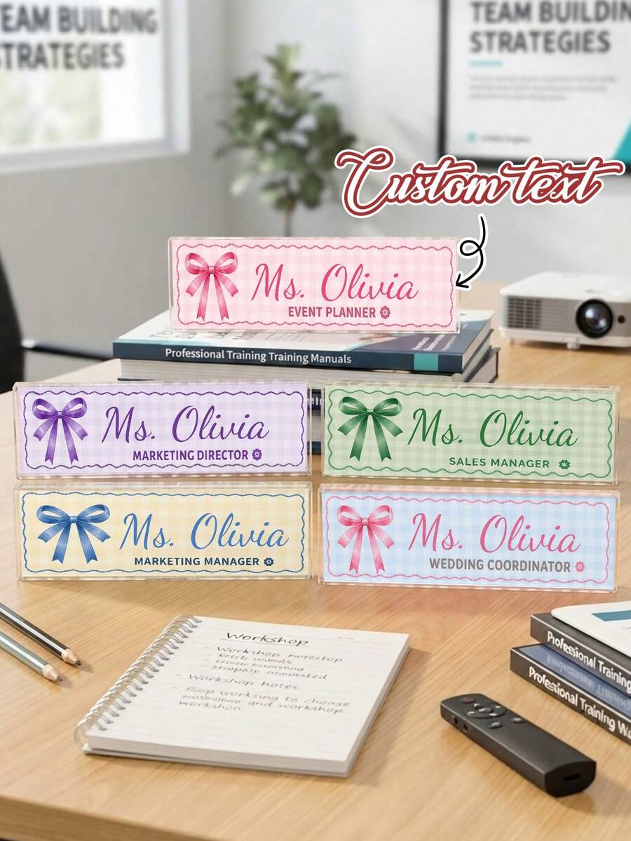 1pc Customized Teacher Name Plate, Plaid Bow Desk Nameplate, Text Position Title Plaque, Sweet Style Office Desktop Decor Gift, Teacher Appreciation Gift, Back To School - Multicolor - View 1