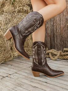 Autumn/Winter Comfortable Retro Knight Boots | Slimming Pointed Toe Chunky Heel Embroidered Fashion Boots Brown Versatile Western Style Boots - Brown - View 5