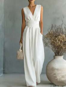 2026 Women Sleeveless Jumpsuit European American Spring Summer New Elegant V Neck Cinched Waist Casual Long Romper For Daily Wear Party - 白色 - 查看 11