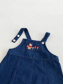 Miniweenns 1pc Baby Girl Denim Sweet Cute Style Adjustable Suspenders Embroidered Pocket Wavy Hem Dress - Blue - View 9