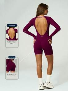 UONNOU Women's Seamless Soft Backless Long Sleeve Thumbhole Tummy Control Butt Lift Fitness Romper - Purple - View 5