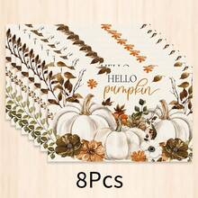 1件裝秋季南瓜與楓葉植物印花仿亞麻餐墊，Hello Pumpkin 長方形碗盤墊，適用於居家廚房、餐廳、感恩節派對與豐收季節餐桌裝飾 - 彩色 - 查看 8