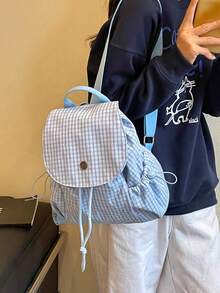 Korean Style Fresh Plaid Drawstring Flap Backpack, Minimalist Japanese Small Grid Fabric Bag, Lightweight Wear-Resistant Multi-Pocket Student School Shopping Outdoor Travel Casual Versatile Backpack For Girls - Multicolor - View 4