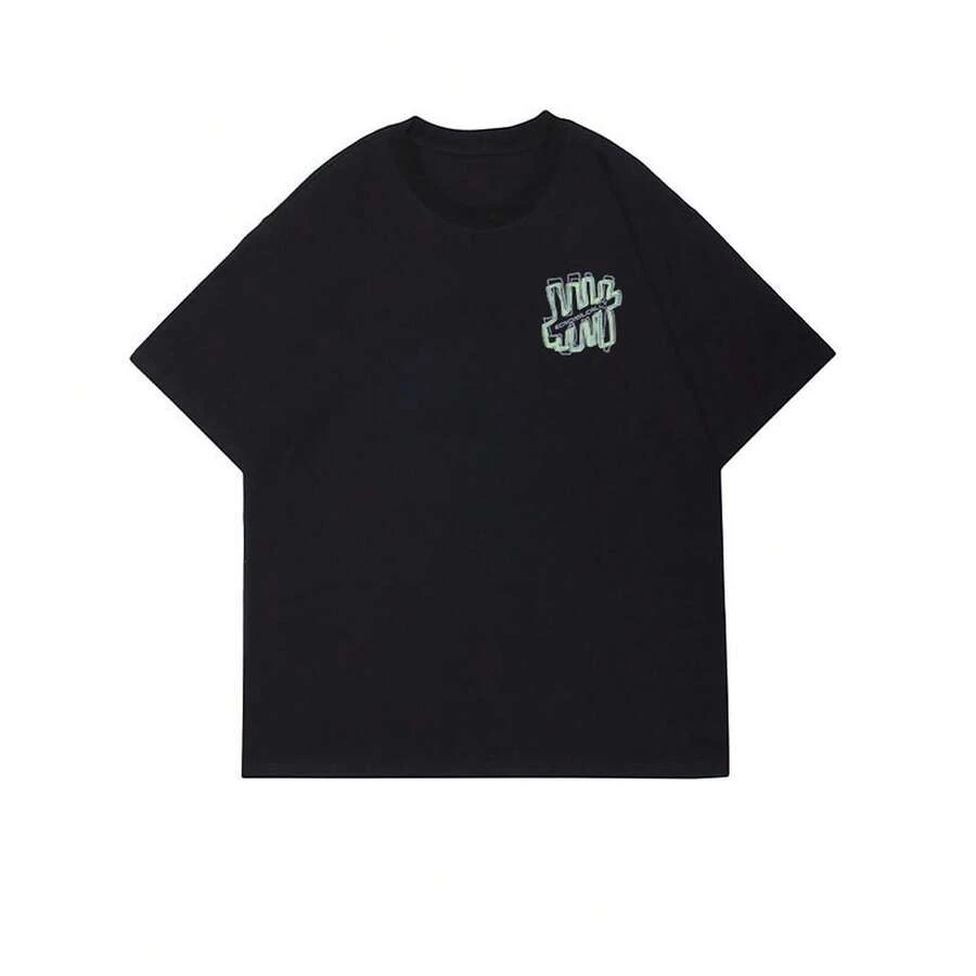 Unisex Off-White Loose-Fit Round Neck T Shirt,With Small Damaged Pattern Print,There Are Several Lines On The Left Chest,Minimalist Urban Style. - Black - View 1