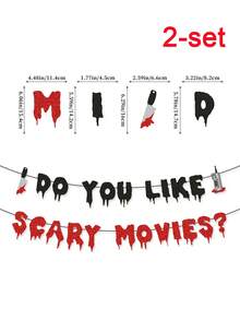 1/2 piezas Guirnalda de gotas de sangre con purpurina, Decoración de Halloween, Guirnalda de letras "¿TE GUSTAN LAS PELÍCULAS DE TERROR?" con recortes de cuchillo y teléfono, Decoración colgante con tema de película de terror, Decoración de dormitorio, Decoración de pared para fiesta de asesinos de Halloween - Multicolor - Ver 9
