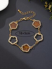 1pc Fashionable Black & White Polka Dot Pattern Zinc Alloy & Acrylic Lucky Five-Leaf Clover Bracelet For Women, Suitable For Daily Wear - Coffee Brown - View 4