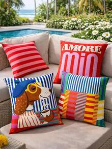 4pcs Vibrant Striped Dachshund Throw Pillow Covers, Retro Color Block Striped Cartoon Puppy Print Pillow Covers, Vibrant Maximalist Modern Art Decorative Pillow Covers, Suitable For Sofa, Bedroom And Home Decor (Pillow Insert Not Included) - Multicolor - View 3