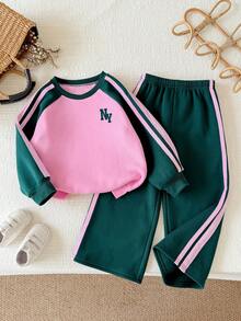 Setelan Atasan dan Celana Panjang Leher Bulat Motif Huruf Blok Warna untuk Anak Perempuan - Dark Green - View 2
