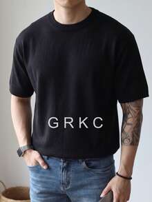 GRKC 男士針織短袖圓領修身義式極簡純色細紋理基礎針織T恤 春夏款 - 黑色 - 查看 3