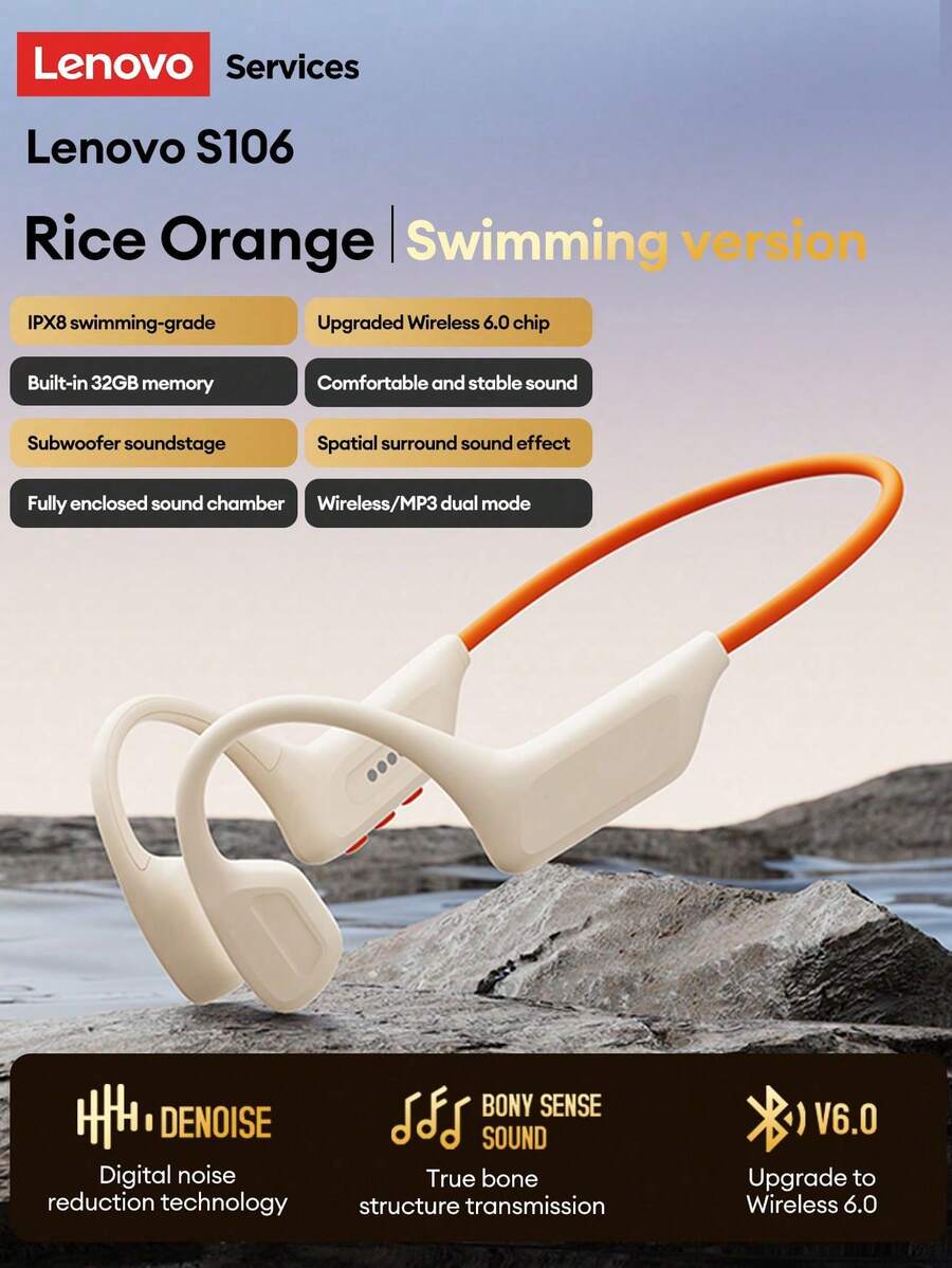 Lenovo S106 藍牙耳機掛耳式防水游泳運動跑步頸掛式騎乘藍牙MP3雙模式音樂超長續航開放式無線耳機通用智慧型手機電腦 - 米橙 - 查看 1