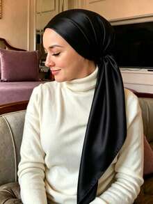 suzhichou 1pc Elegant Women's Elastic Satin Headscarf, Solid Color Printed Headwrap, Slouchy Satin Scarf, Versatile Hair Accessory For Beach, Daily Wear, Muslim Women - Black - View 4